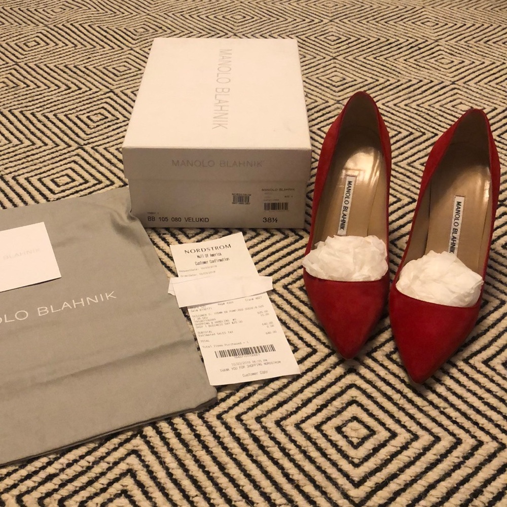 Authentic Manolo Blahnik red suede pumps